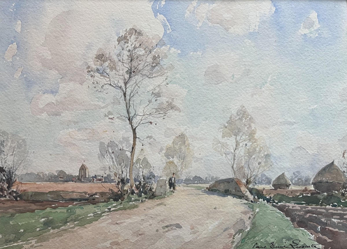 Paul Emile Lecomte (1877-1950) Un promeneur sur une route de campagne, aquarelle signée