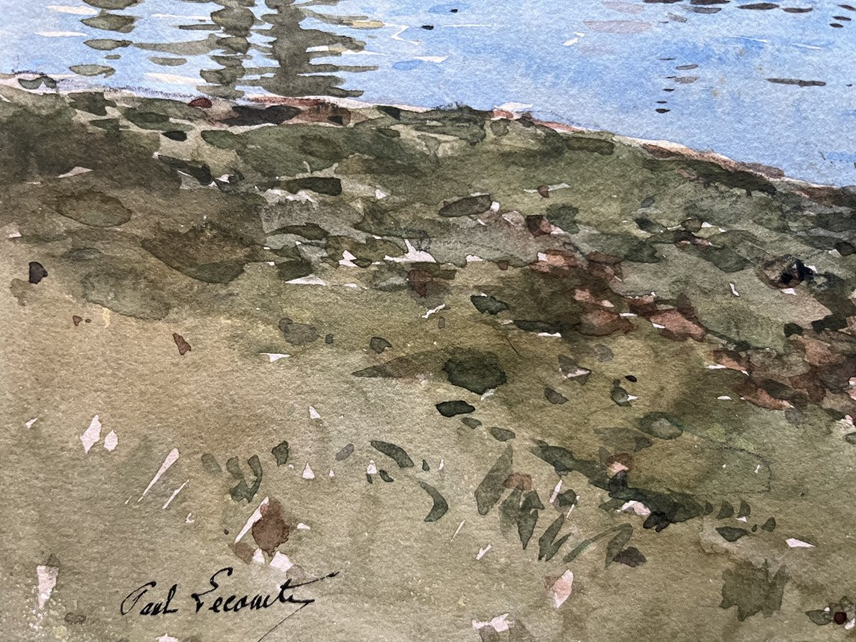 Paul Lecomte (1842-1920) The Tree By The River, Signed Watercolor-photo-3