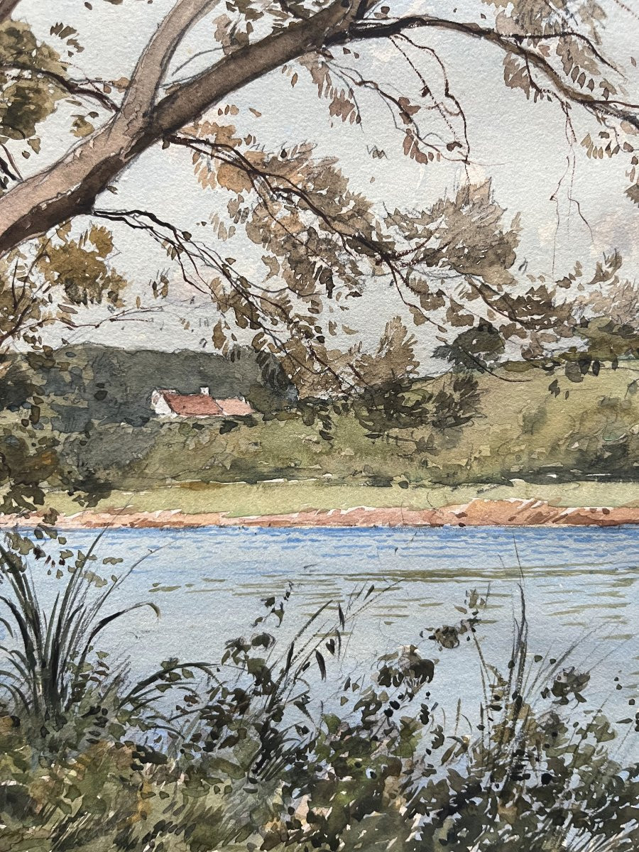 Paul Lecomte (1842-1920) The Tree By The River, Signed Watercolor-photo-5