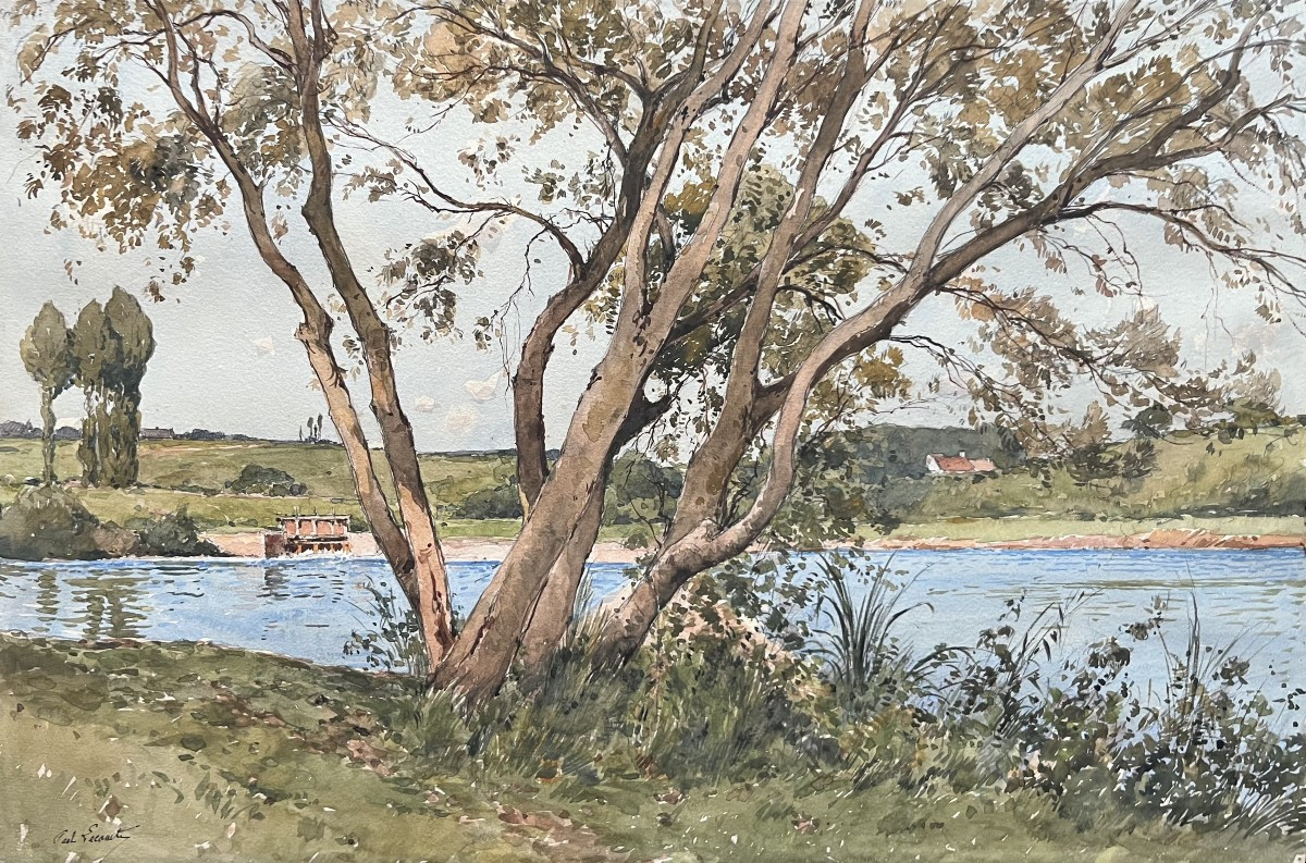 Paul Lecomte (1842-1920) The Tree By The River, Signed Watercolor