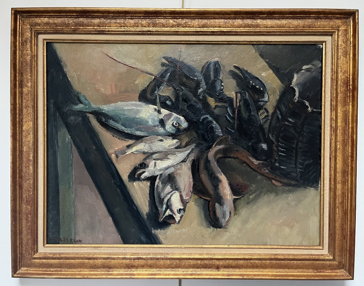 Maurice Asselin (1882-1947) Still Life With Lobsters And Fish, Oil On Canvas, Signed-photo-2