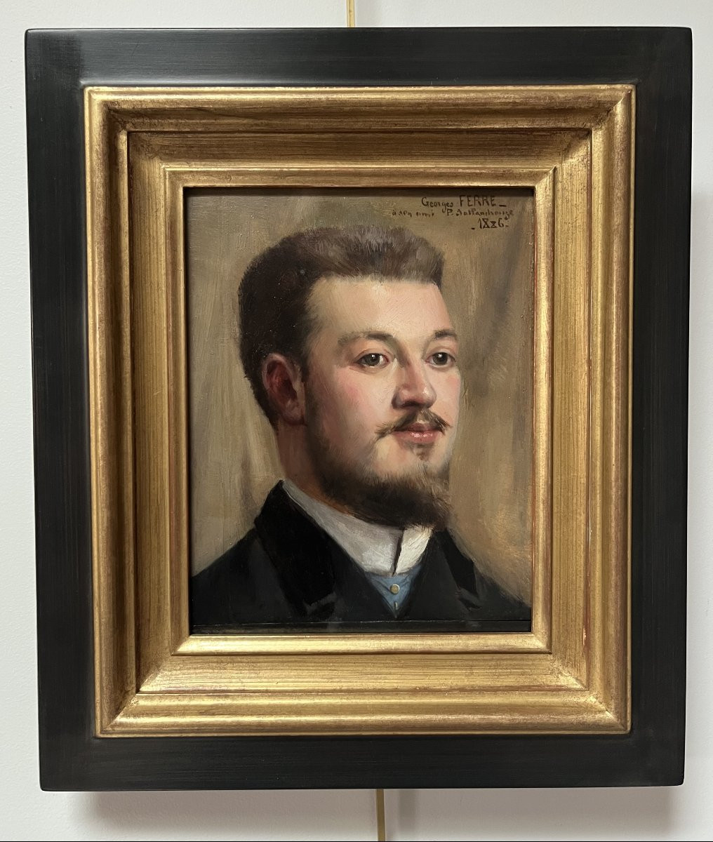 Georges Ferré (1853-1924) Portrait Of A Friend, 1886, Oil On Panel, Signed-photo-3