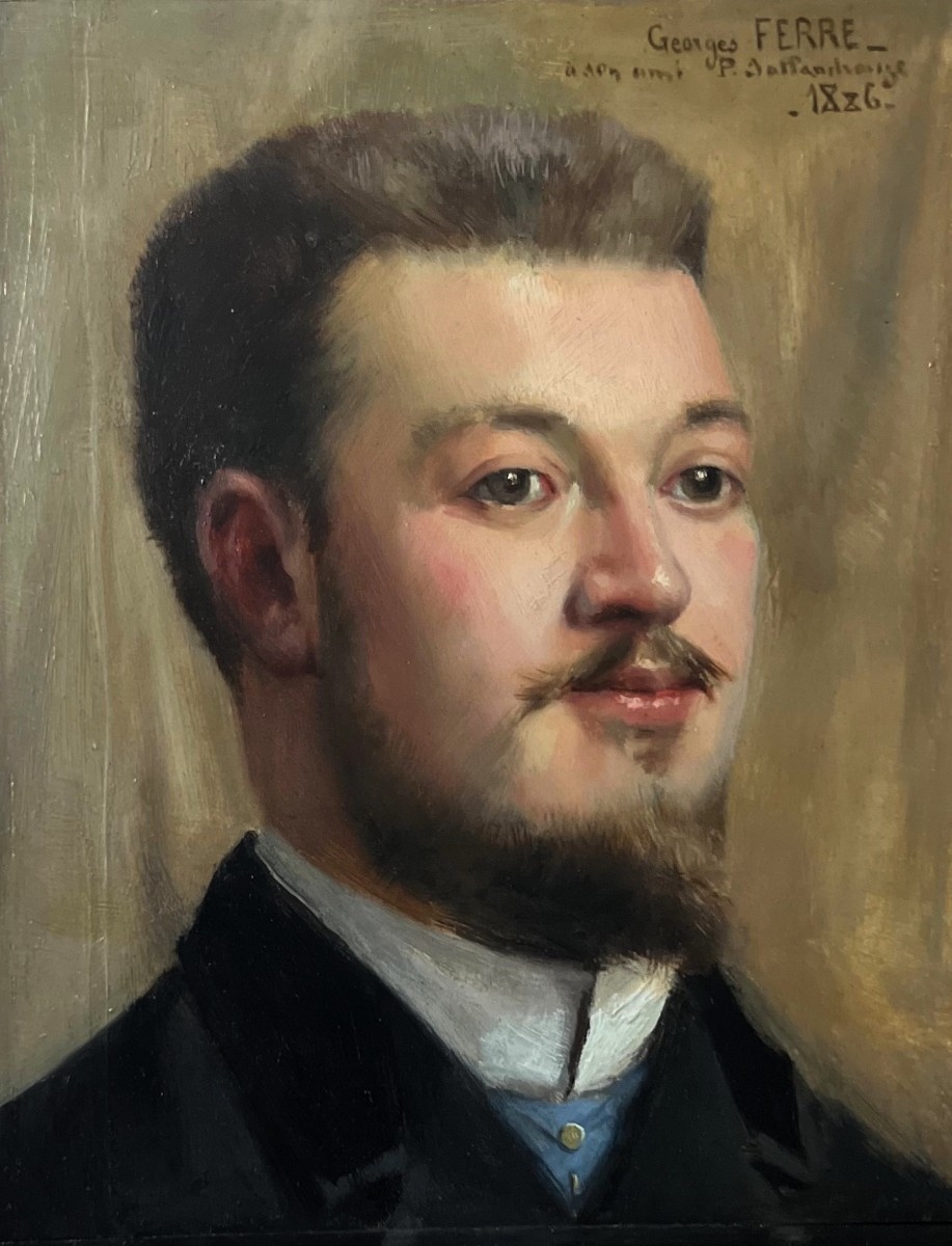 Georges Ferré (1853-1924) Portrait Of A Friend, 1886, Oil On Panel, Signed