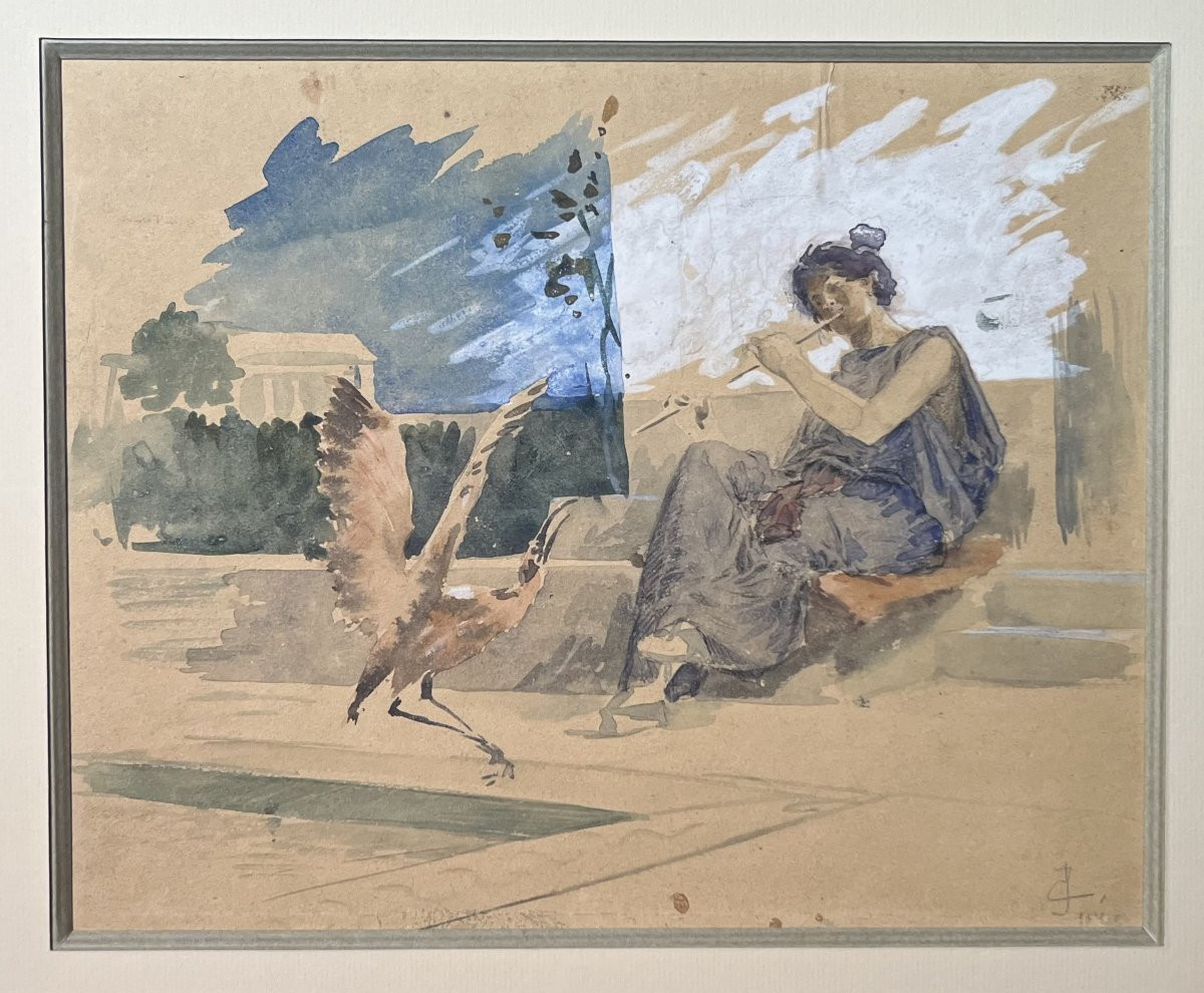 Symbolist School, The Young Flautist And The Bird, Watercolor-photo-2