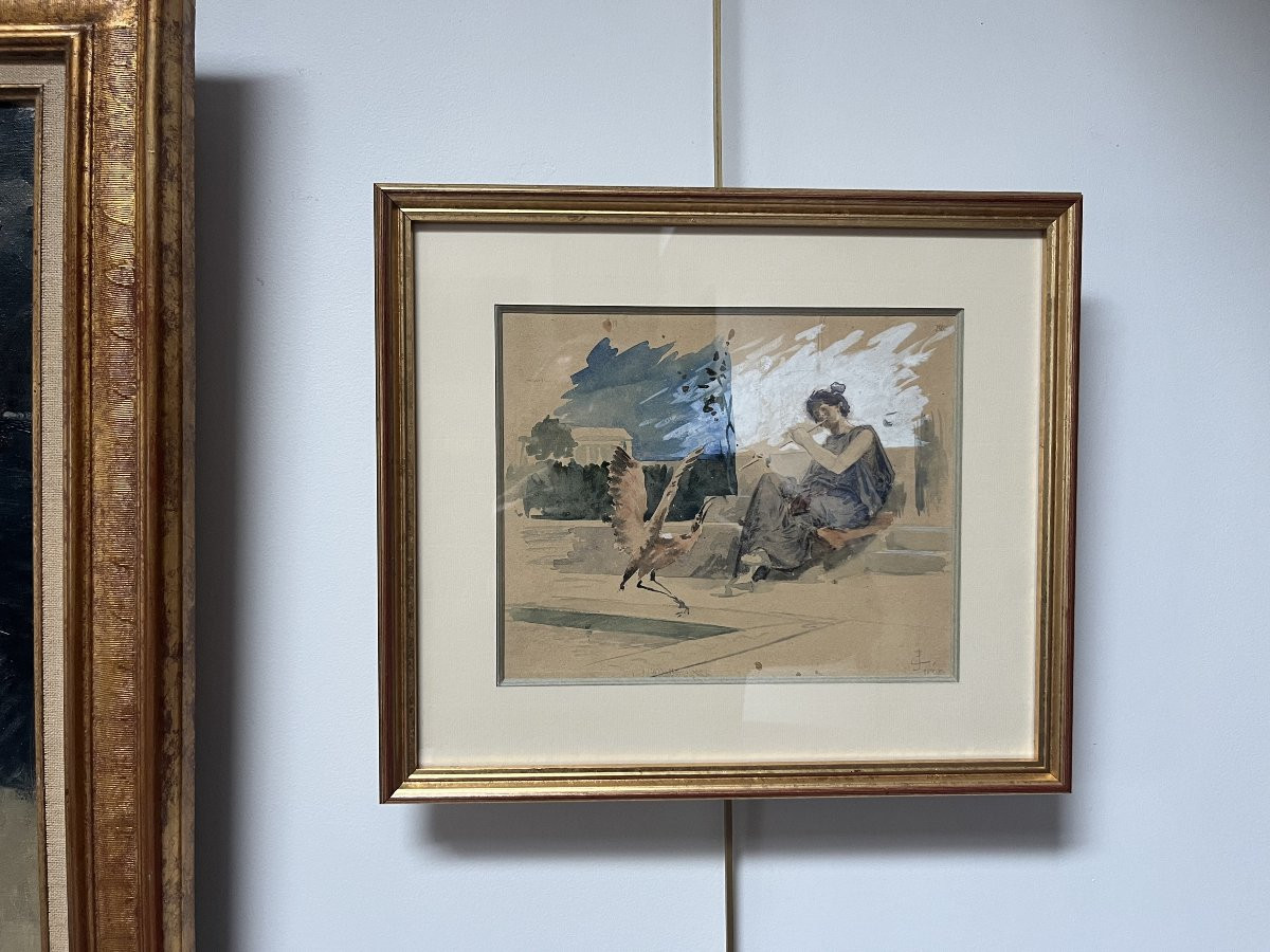 Symbolist School, The Young Flautist And The Bird, Watercolor-photo-1