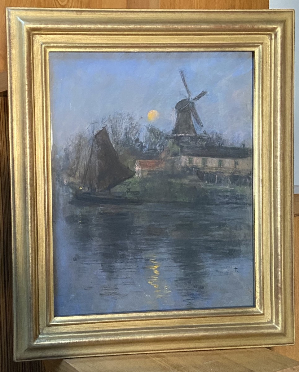 Siebe Johannes Ten Cate (1858-1908) Windmill And Sailboat In The Moonlight, Pastel Signed-photo-2