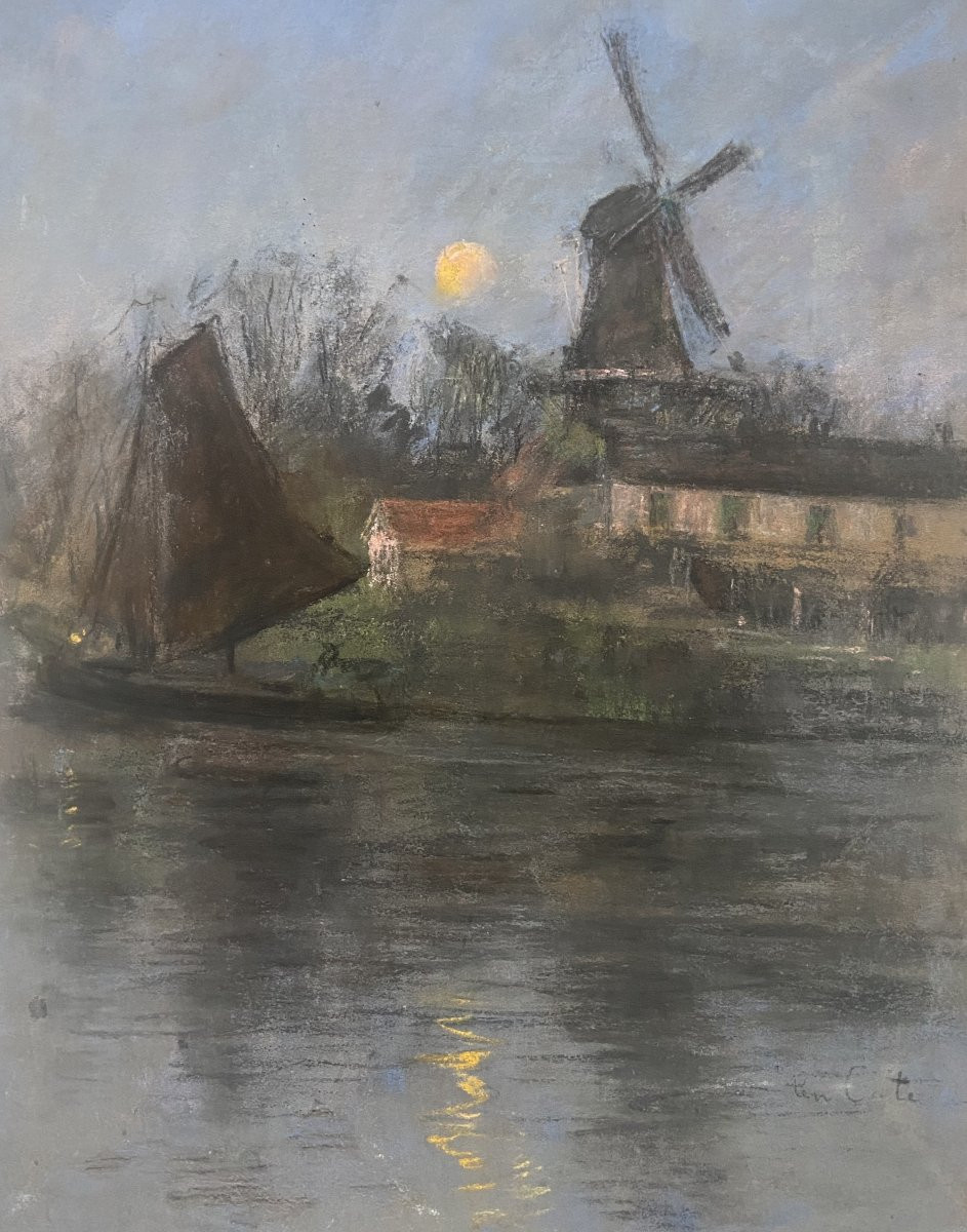 Siebe Johannes Ten Cate (1858-1908) Windmill And Sailboat In The Moonlight, Pastel Signed-photo-3