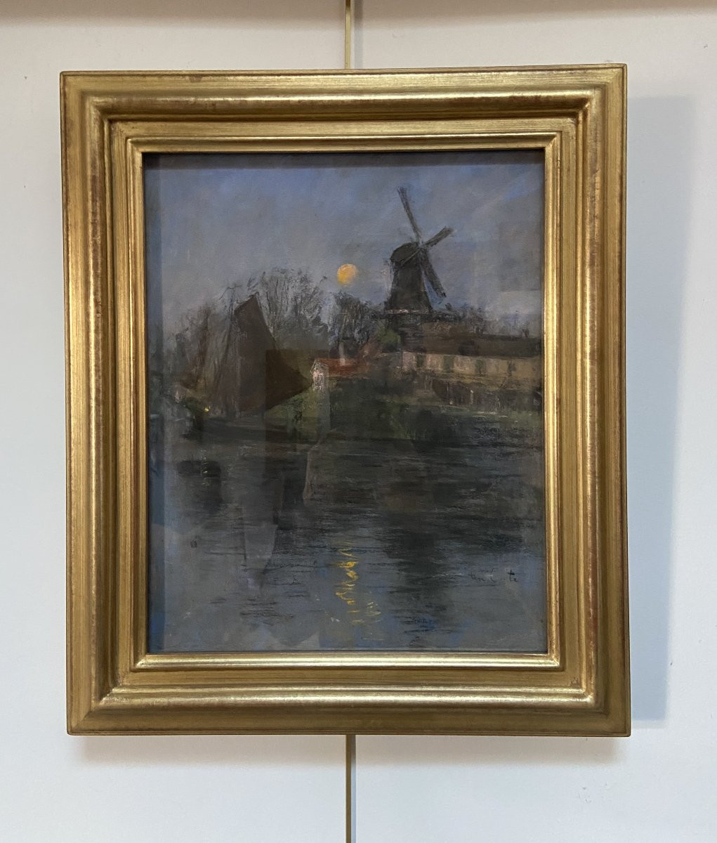 Siebe Johannes Ten Cate (1858-1908) Windmill And Sailboat In The Moonlight, Pastel Signed-photo-1