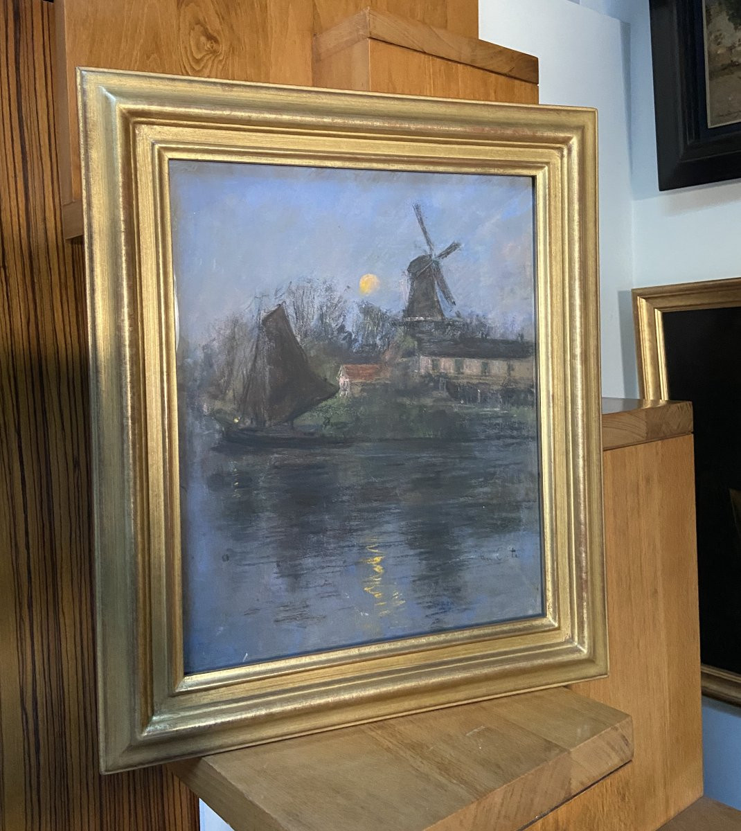 Siebe Johannes Ten Cate (1858-1908) Windmill And Sailboat In The Moonlight, Pastel Signed-photo-2