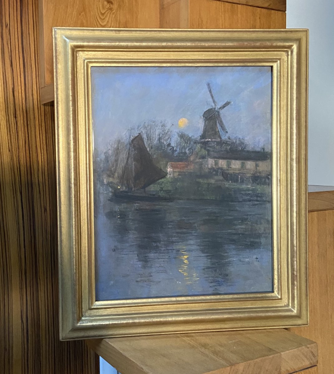 Siebe Johannes Ten Cate (1858-1908) Windmill And Sailboat In The Moonlight, Pastel Signed-photo-3