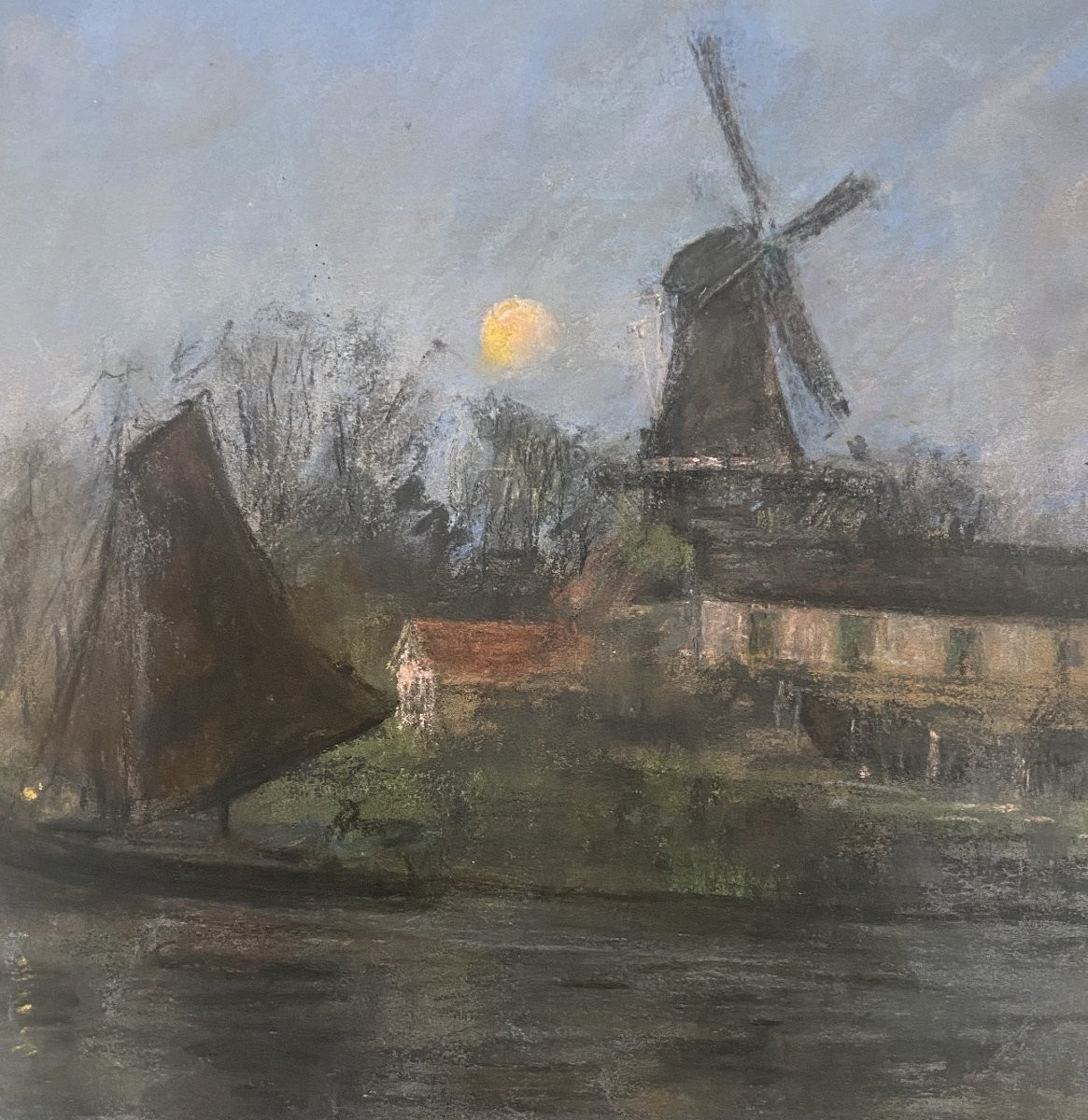 Siebe Johannes Ten Cate (1858-1908) Windmill And Sailboat In The Moonlight, Pastel Signed-photo-4