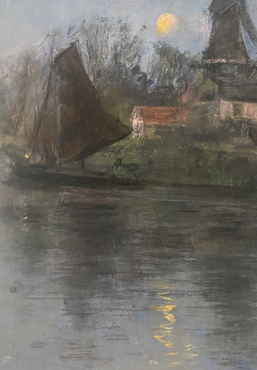Siebe Johannes Ten Cate (1858-1908) Windmill And Sailboat In The Moonlight, Pastel Signed-photo-5