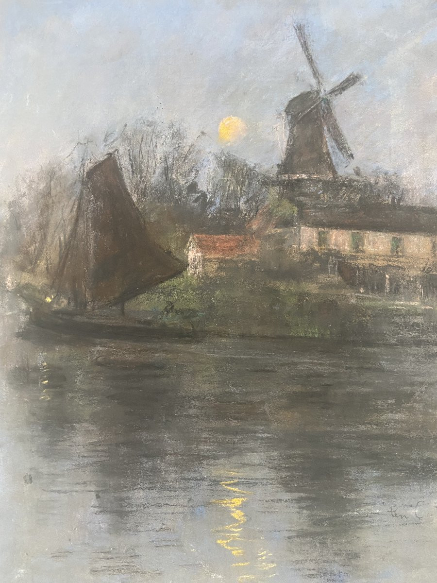 Siebe Johannes Ten Cate (1858-1908) Windmill And Sailboat In The Moonlight, Pastel Signed-photo-6