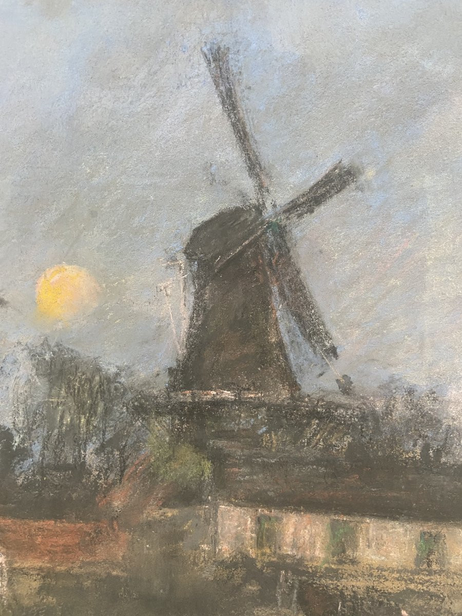 Siebe Johannes Ten Cate (1858-1908) Windmill And Sailboat In The Moonlight, Pastel Signed-photo-7