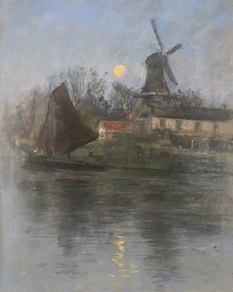 Siebe Johannes Ten Cate (1858-1908) Windmill And Sailboat In The Moonlight, Pastel Signed