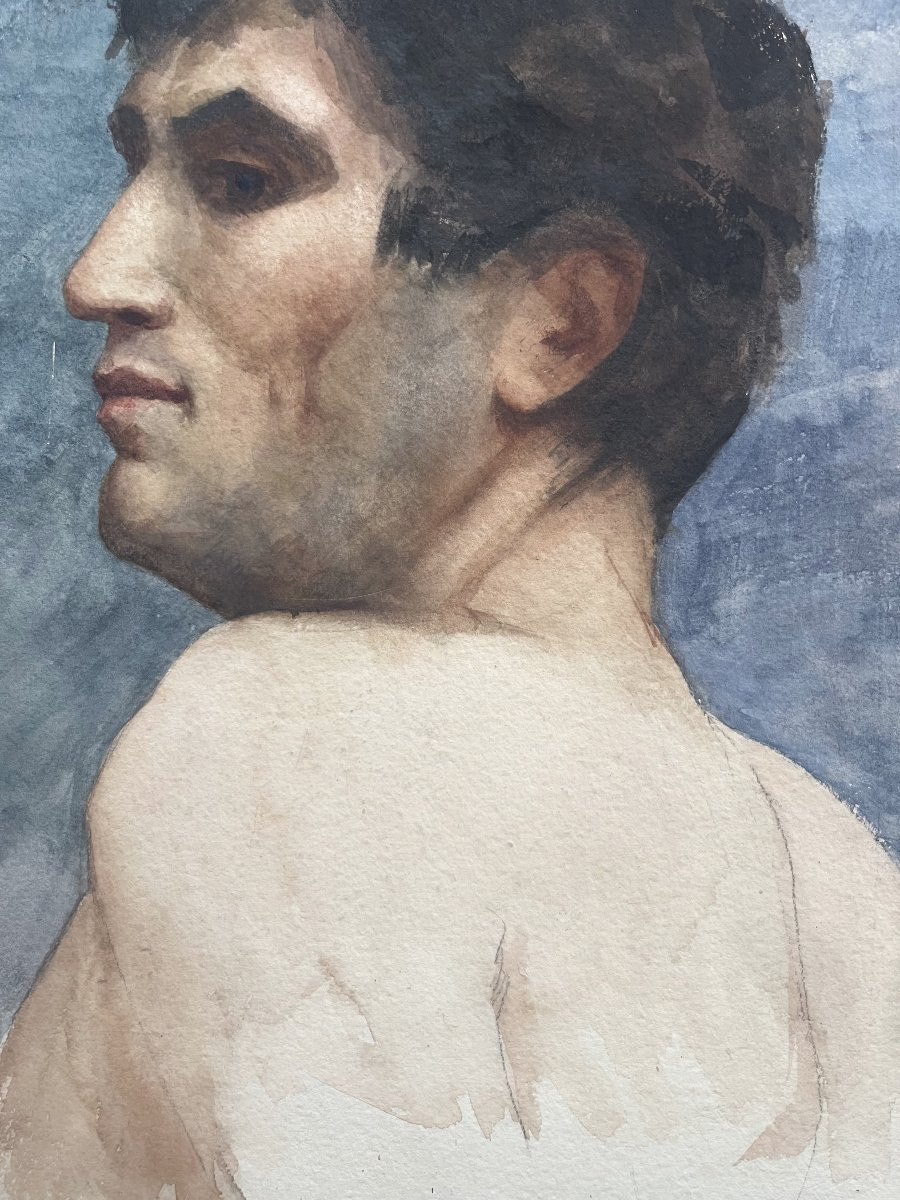 École française du XXe siècle, Buste d'homme vu de dos, aquarelle signée-photo-4