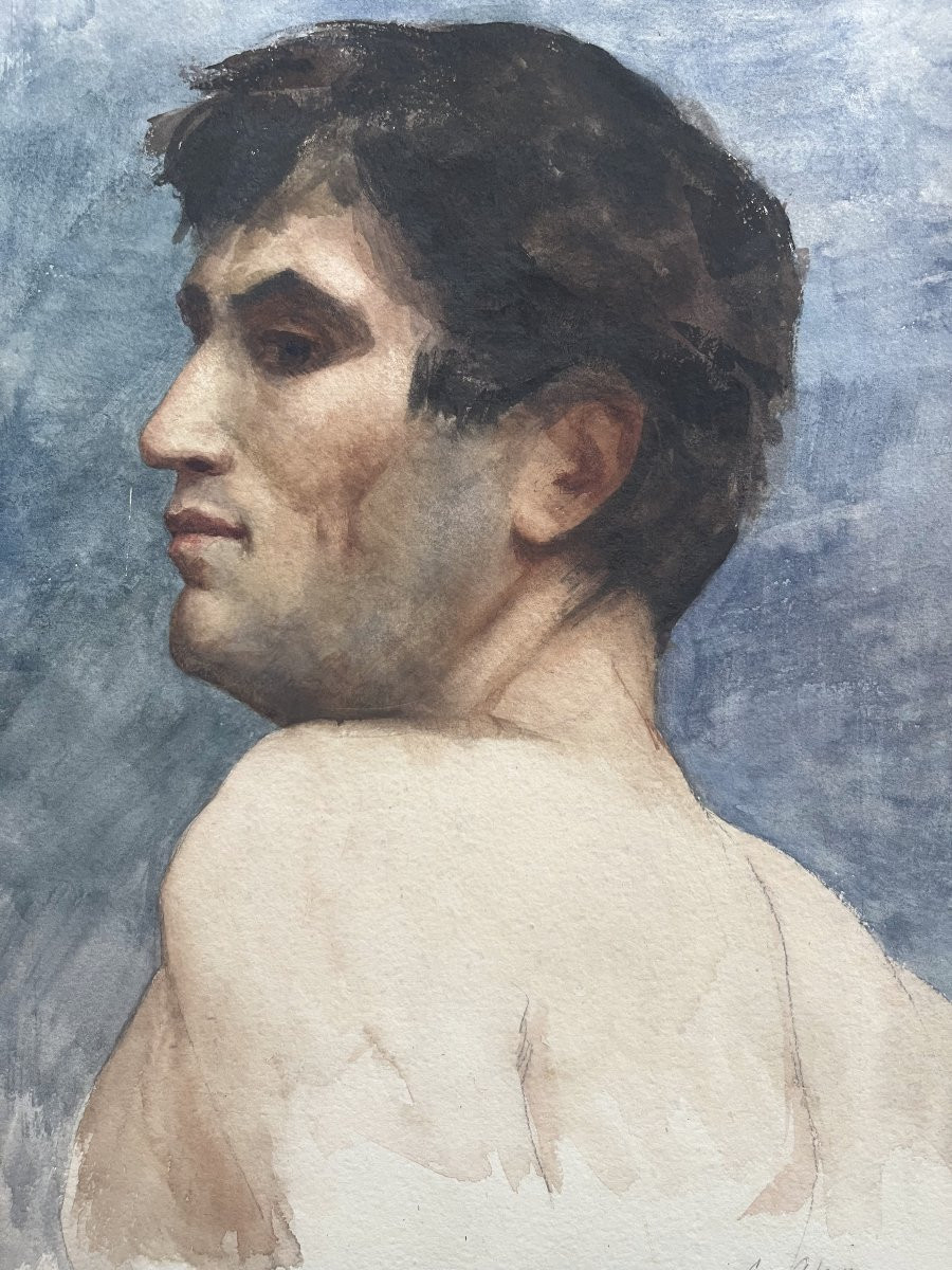 École française du XXe siècle, Buste d'homme vu de dos, aquarelle signée-photo-1