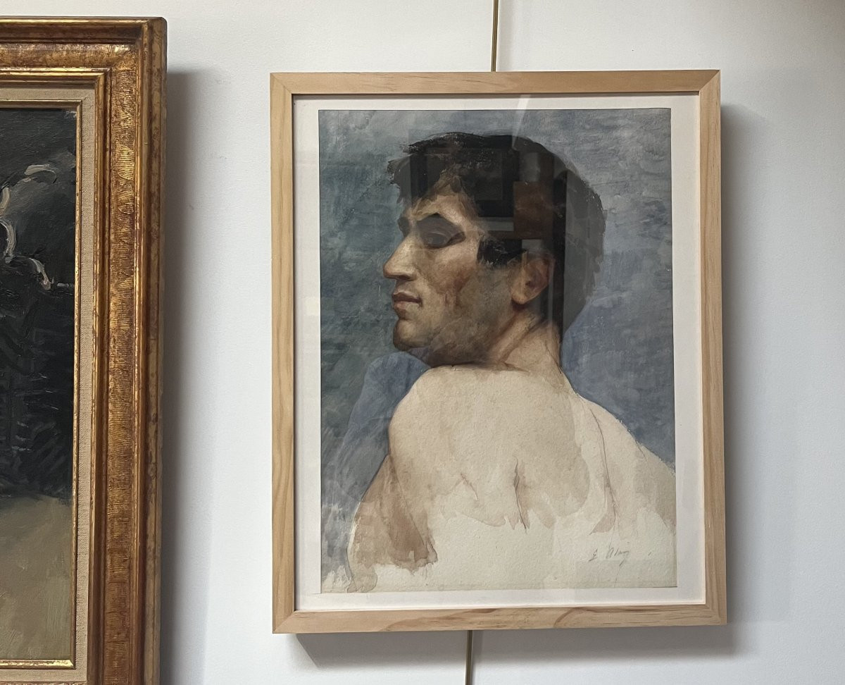 École française du XXe siècle, Buste d'homme vu de dos, aquarelle signée-photo-4