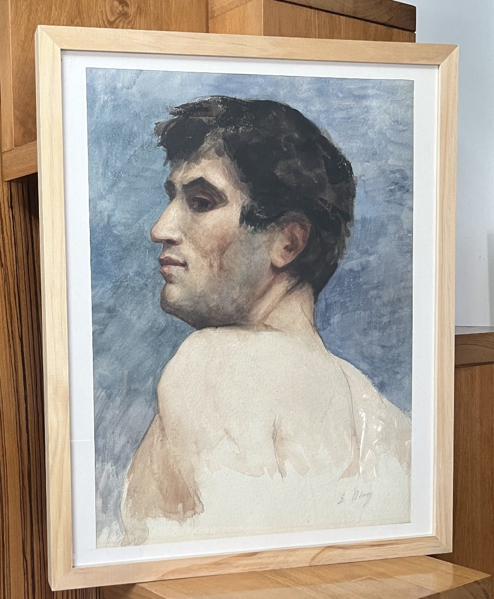 École française du XXe siècle, Buste d'homme vu de dos, aquarelle signée-photo-5