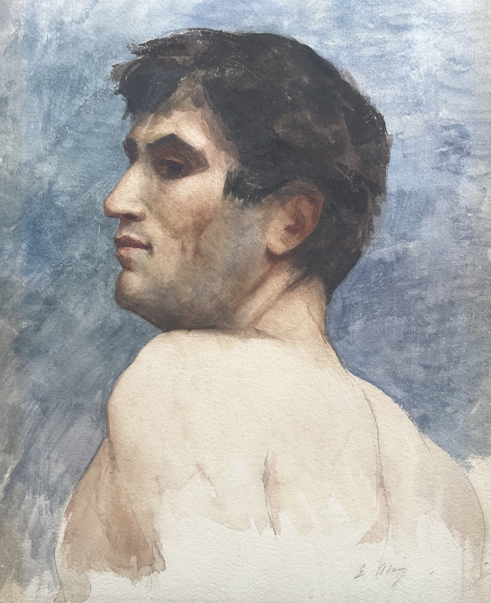École française du XXe siècle, Buste d'homme vu de dos, aquarelle signée