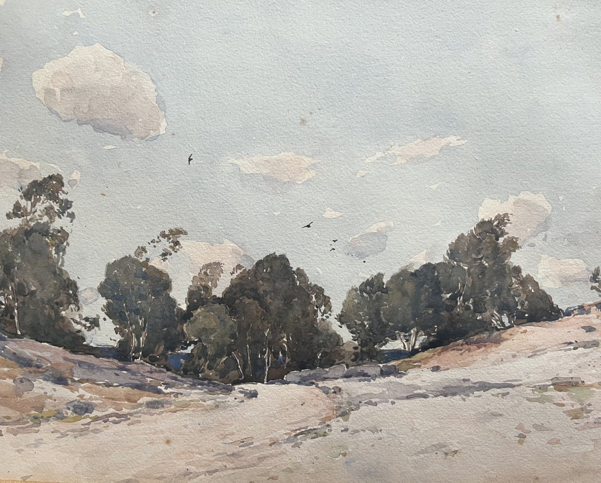 Paul Lecomte (1842-1920) Mortefontaine, les sables blancs, aquarelle signée-photo-1