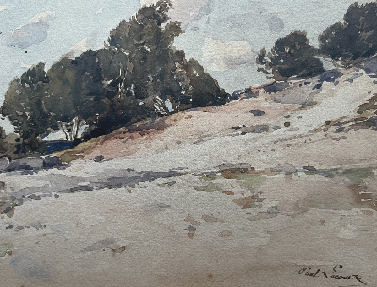 Paul Lecomte (1842-1920) Mortefontaine, les sables blancs, aquarelle signée-photo-3