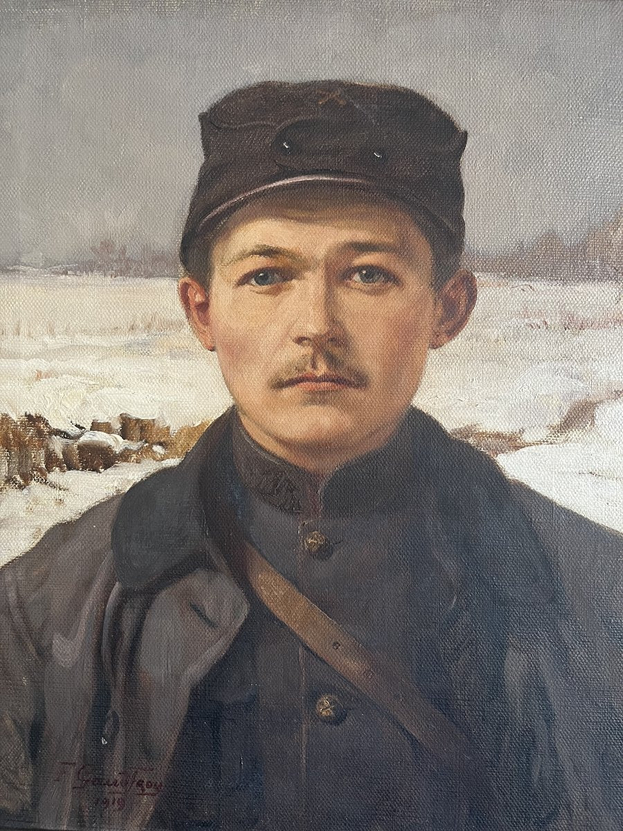 Fernand Gaudfroy (1885-1964) Portrait d'un soldat en hiver, 1919, huile sur toile, signée-photo-2