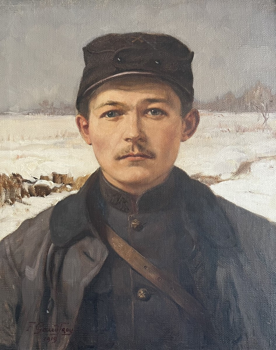 Fernand Gaudfroy (1885-1964) Portrait d'un soldat en hiver, 1919, huile sur toile, signée