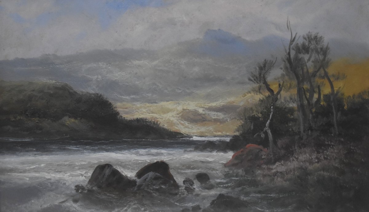 French School End Of 19th Century, Landscape By The River, Oil On Paper