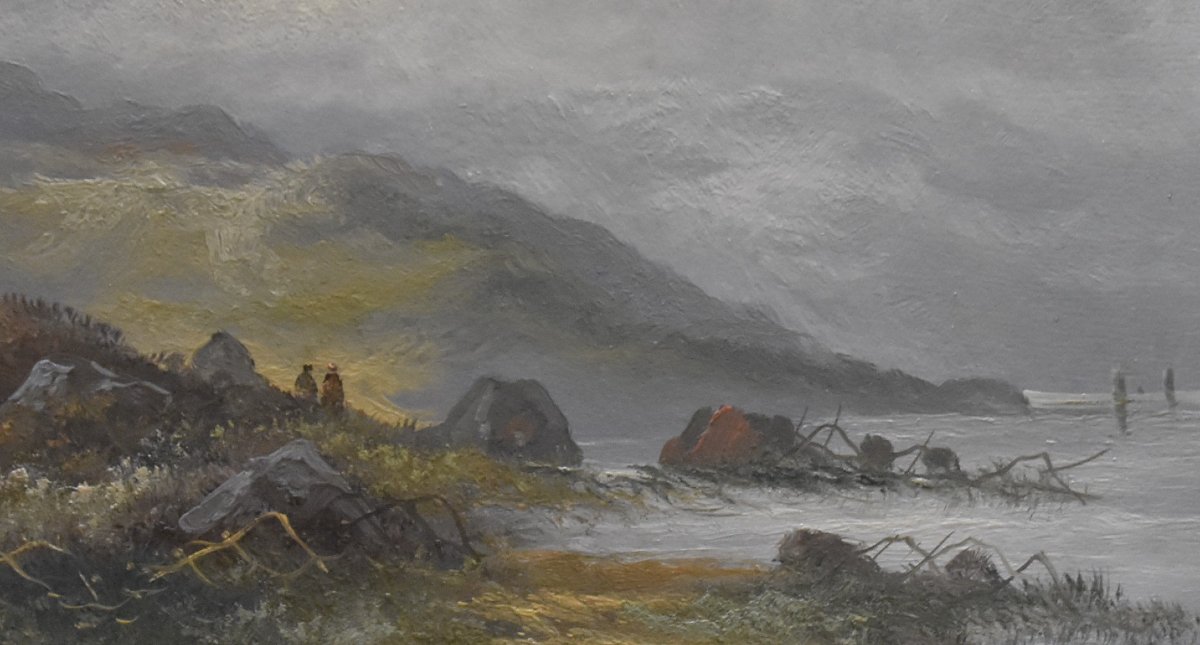 French School 19th Century, Misty Coastal Landscape,  Oil On Paper,-photo-2