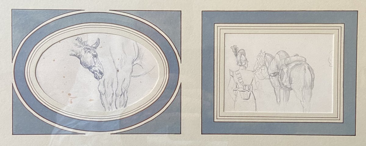 École française du XIXe siècle, études de chevaux et d'un cavalier, deux dessins-photo-2