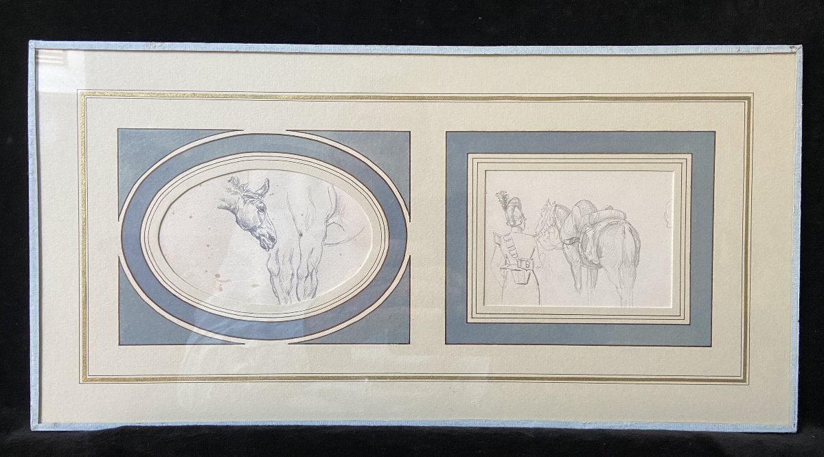 École française du XIXe siècle, études de chevaux et d'un cavalier, deux dessins-photo-3