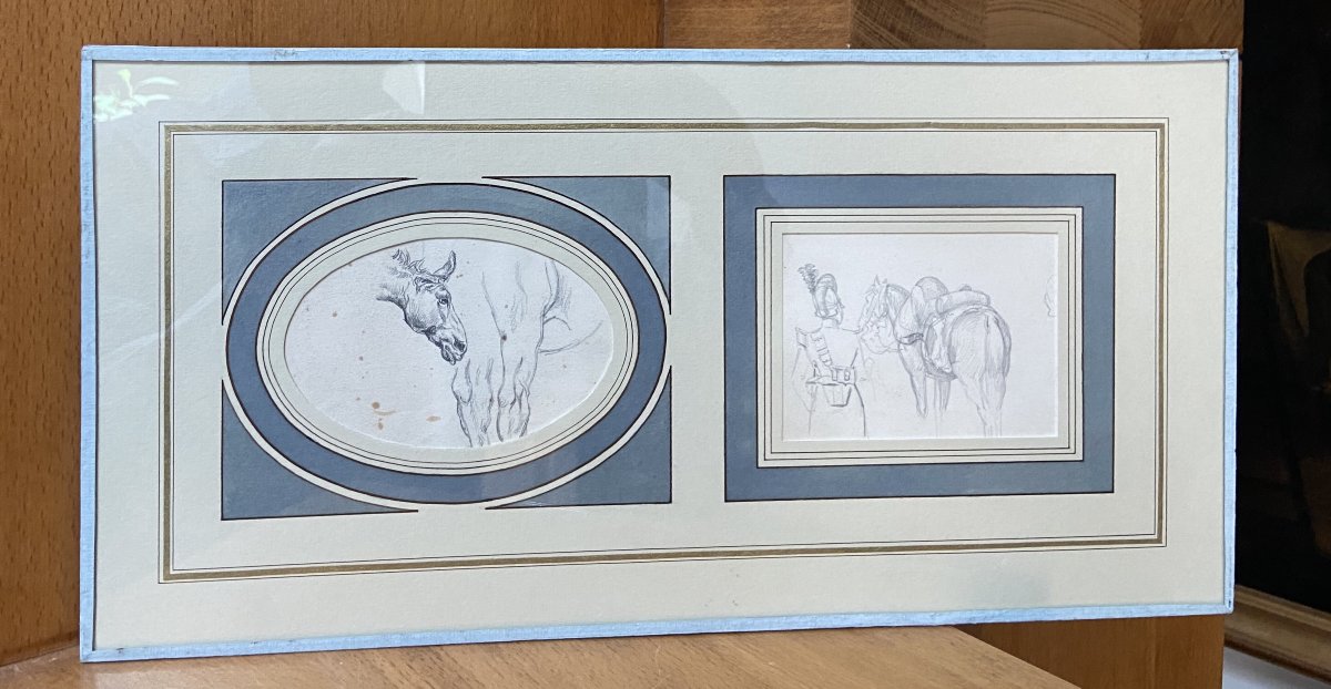 École française du XIXe siècle, études de chevaux et d'un cavalier, deux dessins-photo-2