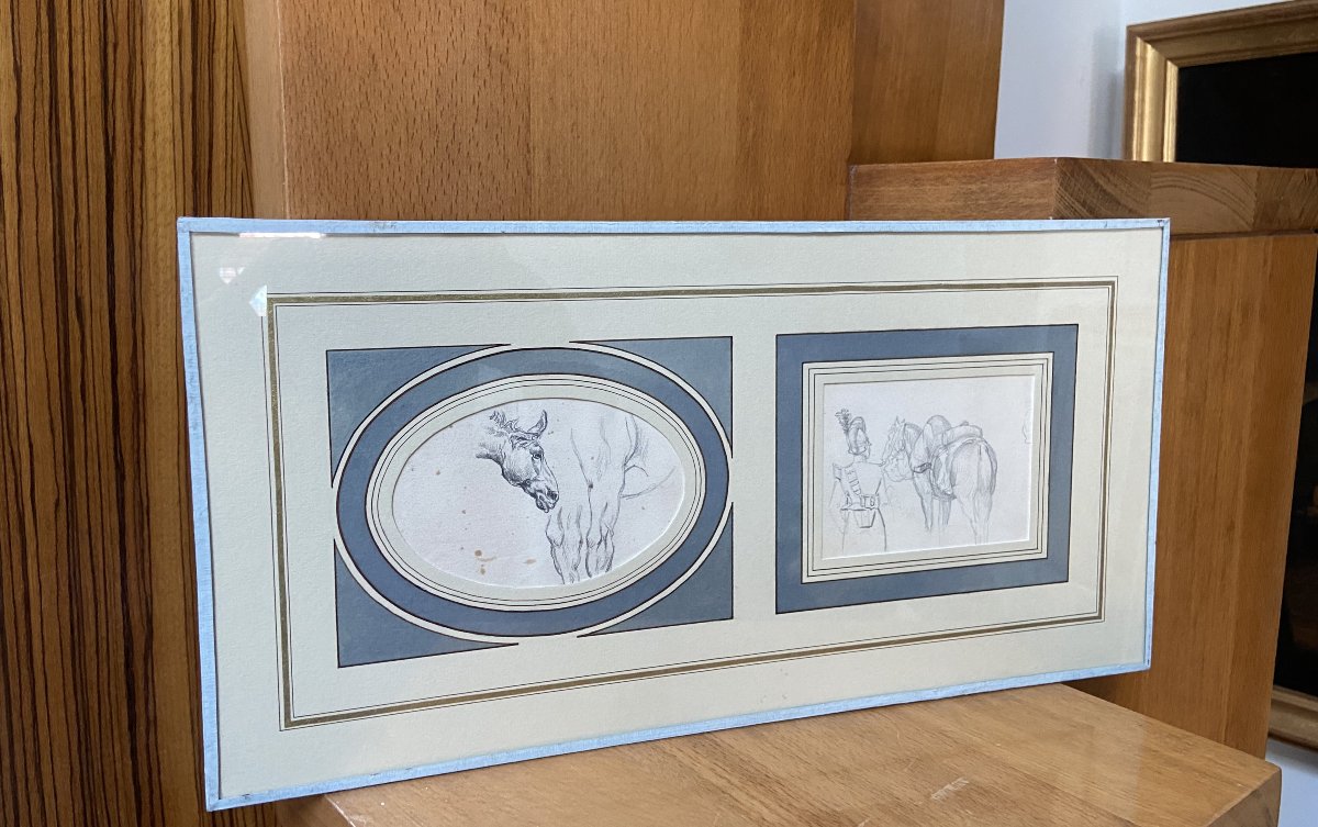 École française du XIXe siècle, études de chevaux et d'un cavalier, deux dessins-photo-3