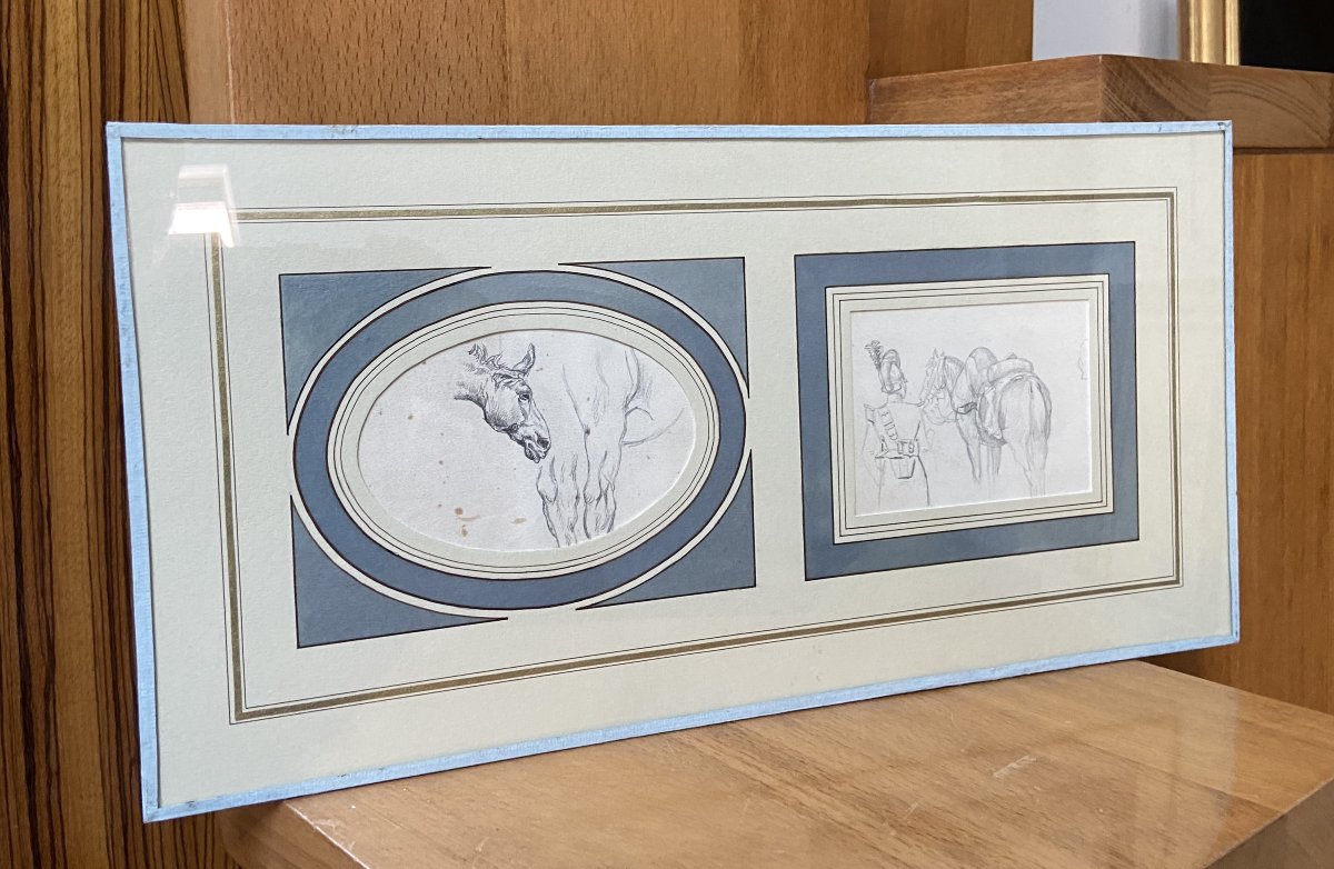 École française du XIXe siècle, études de chevaux et d'un cavalier, deux dessins-photo-4