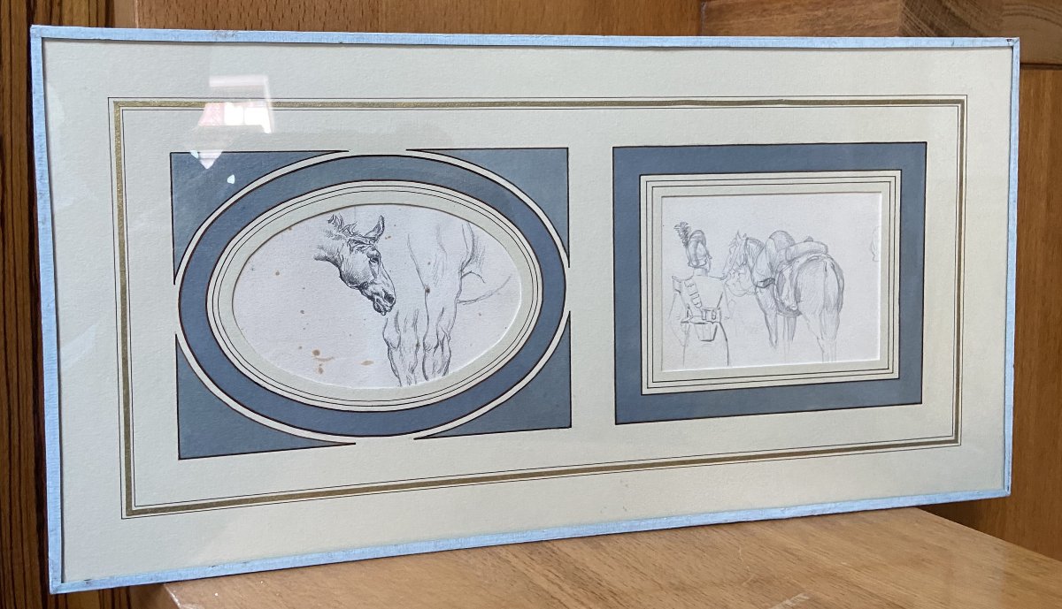 École française du XIXe siècle, études de chevaux et d'un cavalier, deux dessins-photo-5
