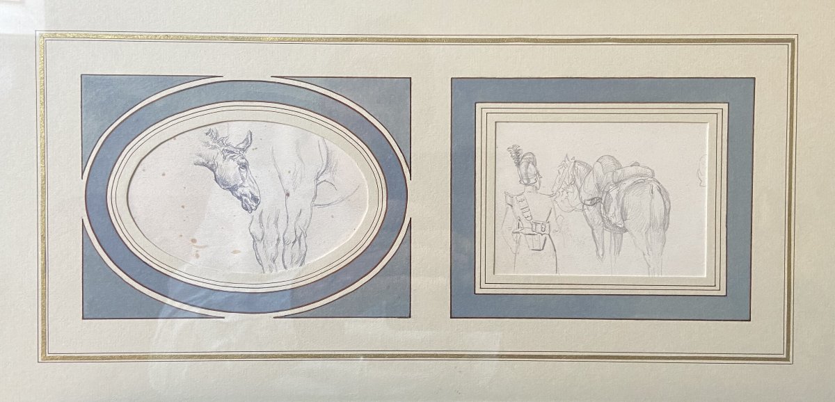 École française du XIXe siècle, études de chevaux et d'un cavalier, deux dessins
