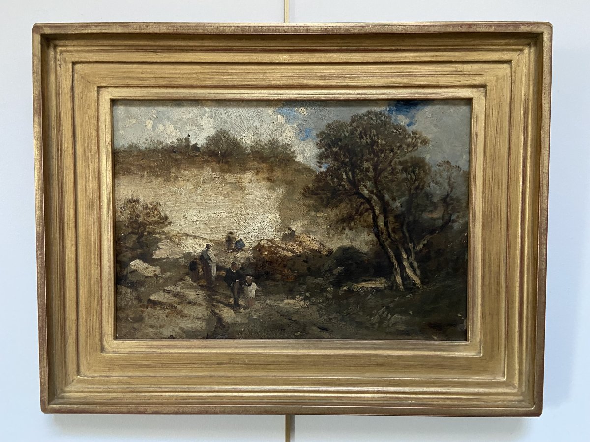 Ecole française vers 1850, Paysage aux promeneurs à Fontainebleau, Huile sur toile-photo-2