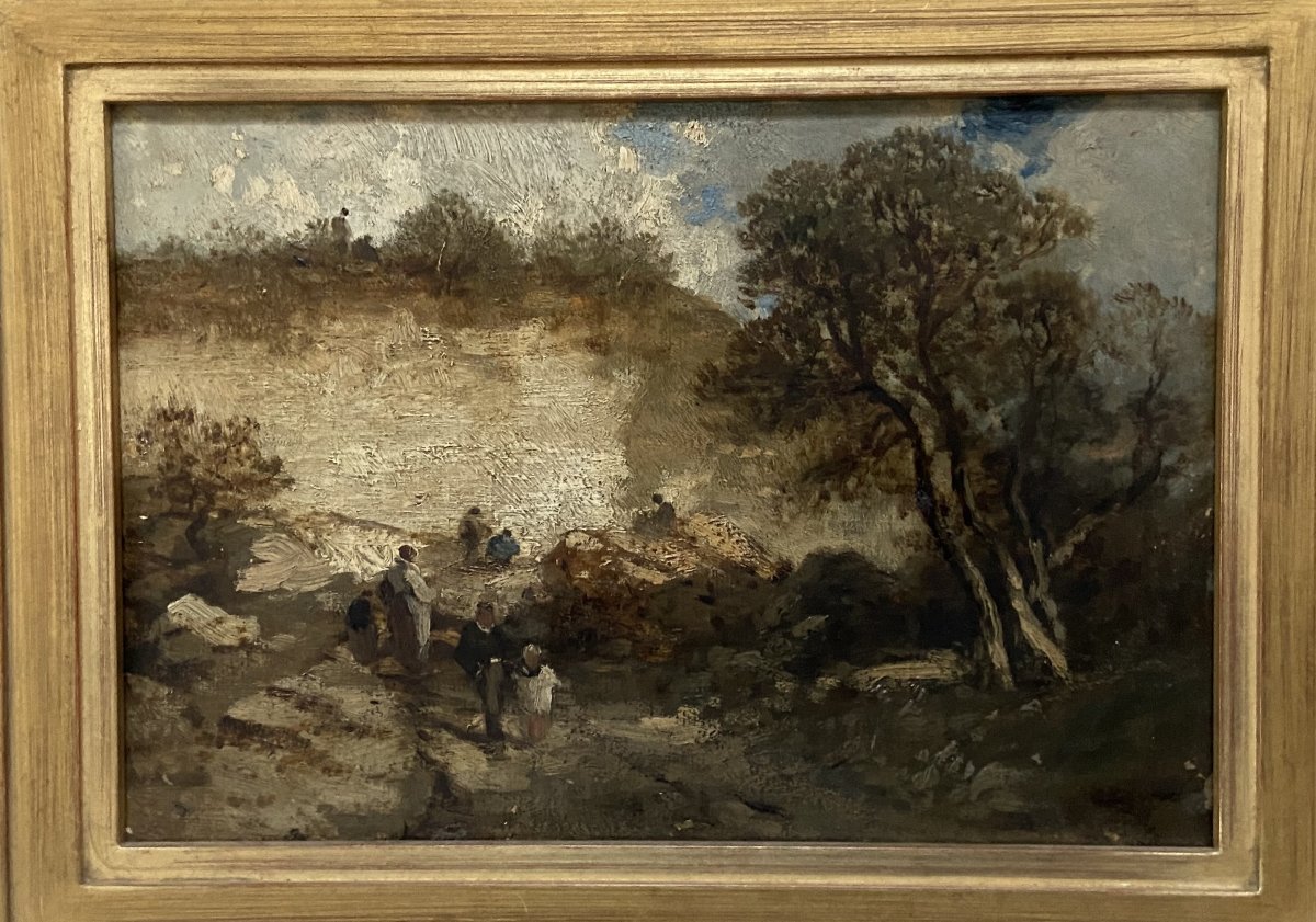 Ecole française vers 1850, Paysage aux promeneurs à Fontainebleau, Huile sur toile-photo-3