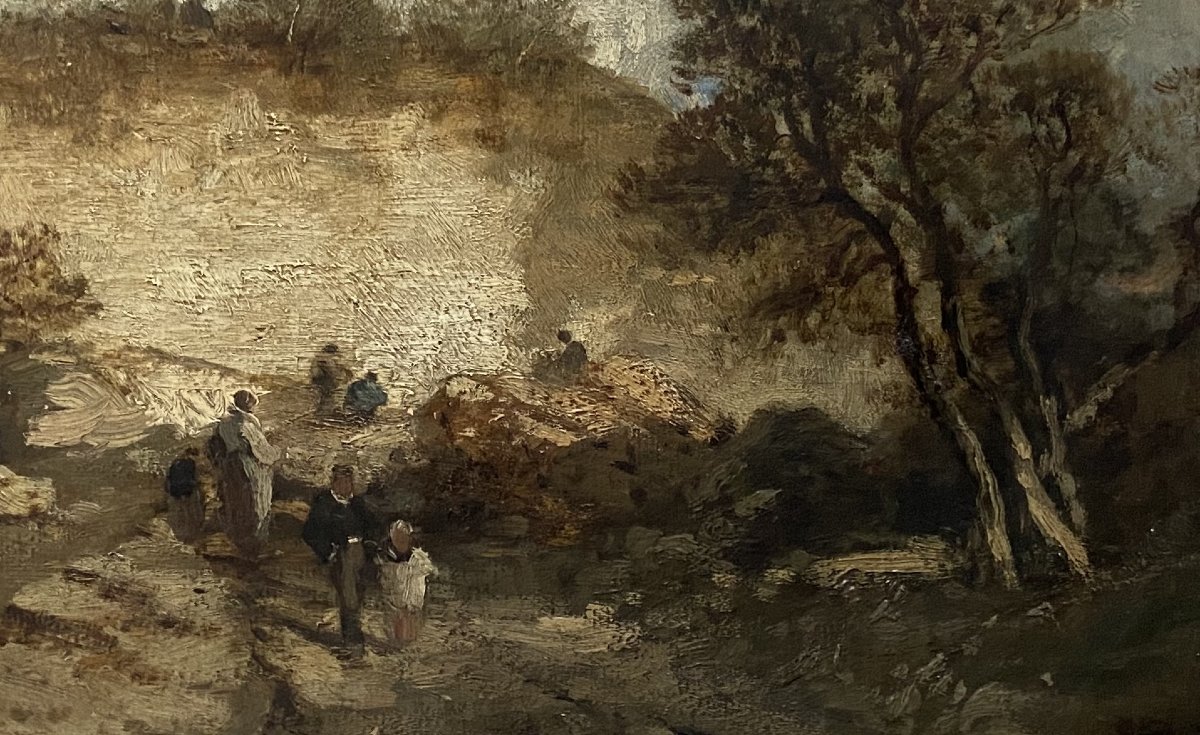 Ecole française vers 1850, Paysage aux promeneurs à Fontainebleau, Huile sur toile-photo-1
