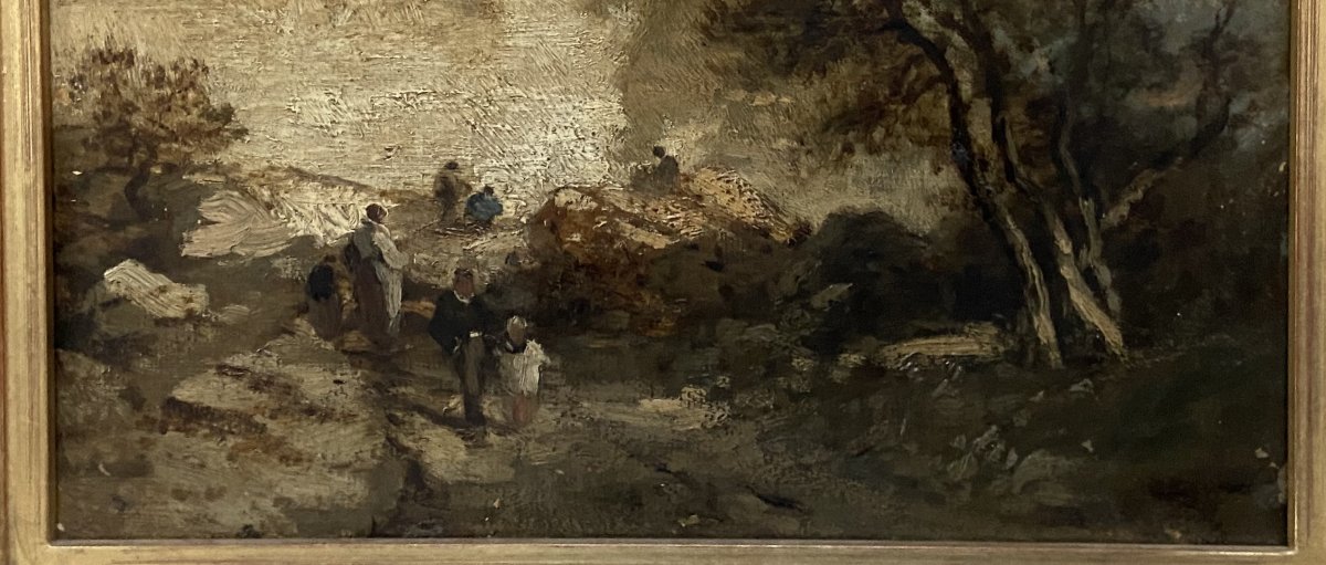 Ecole française vers 1850, Paysage aux promeneurs à Fontainebleau, Huile sur toile-photo-2