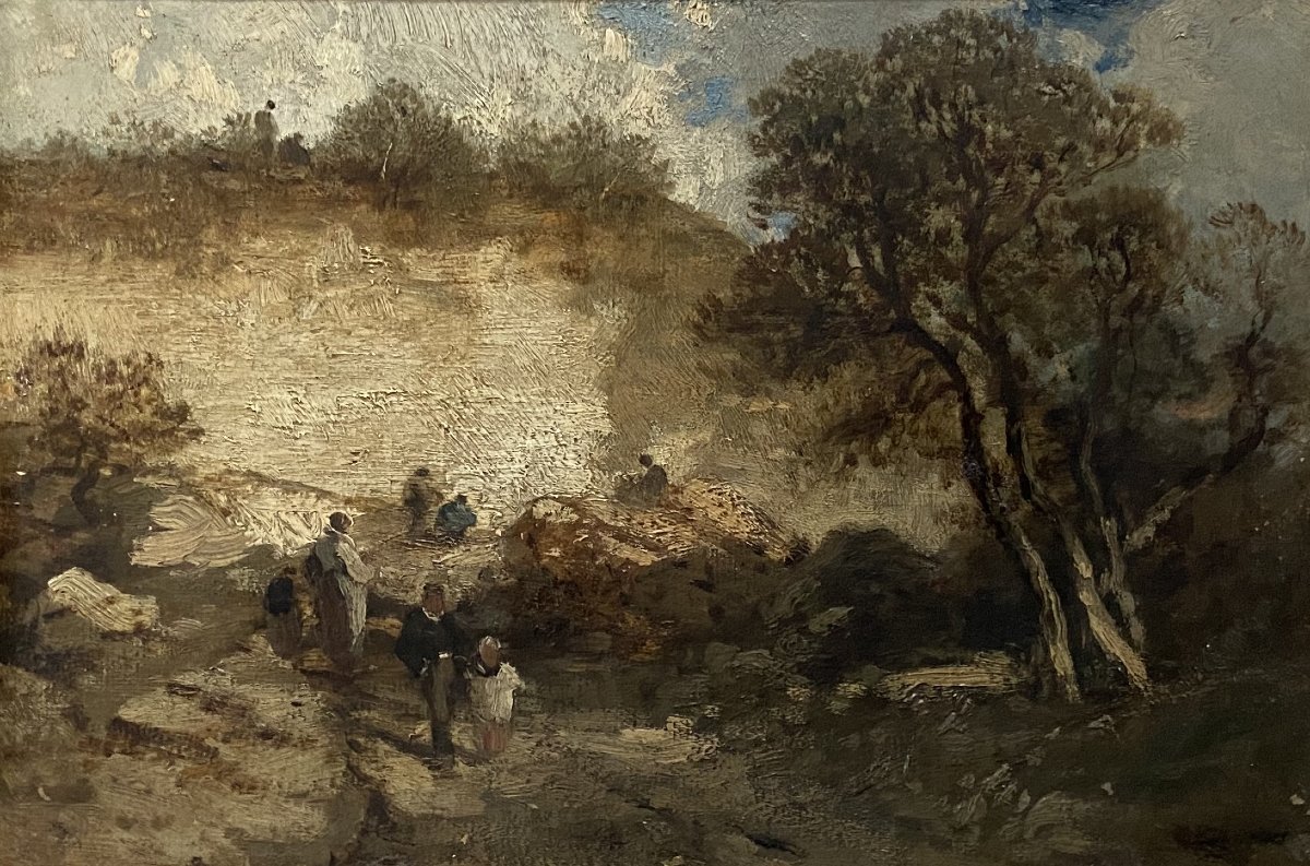 Ecole française vers 1850, Paysage aux promeneurs à Fontainebleau, Huile sur toile