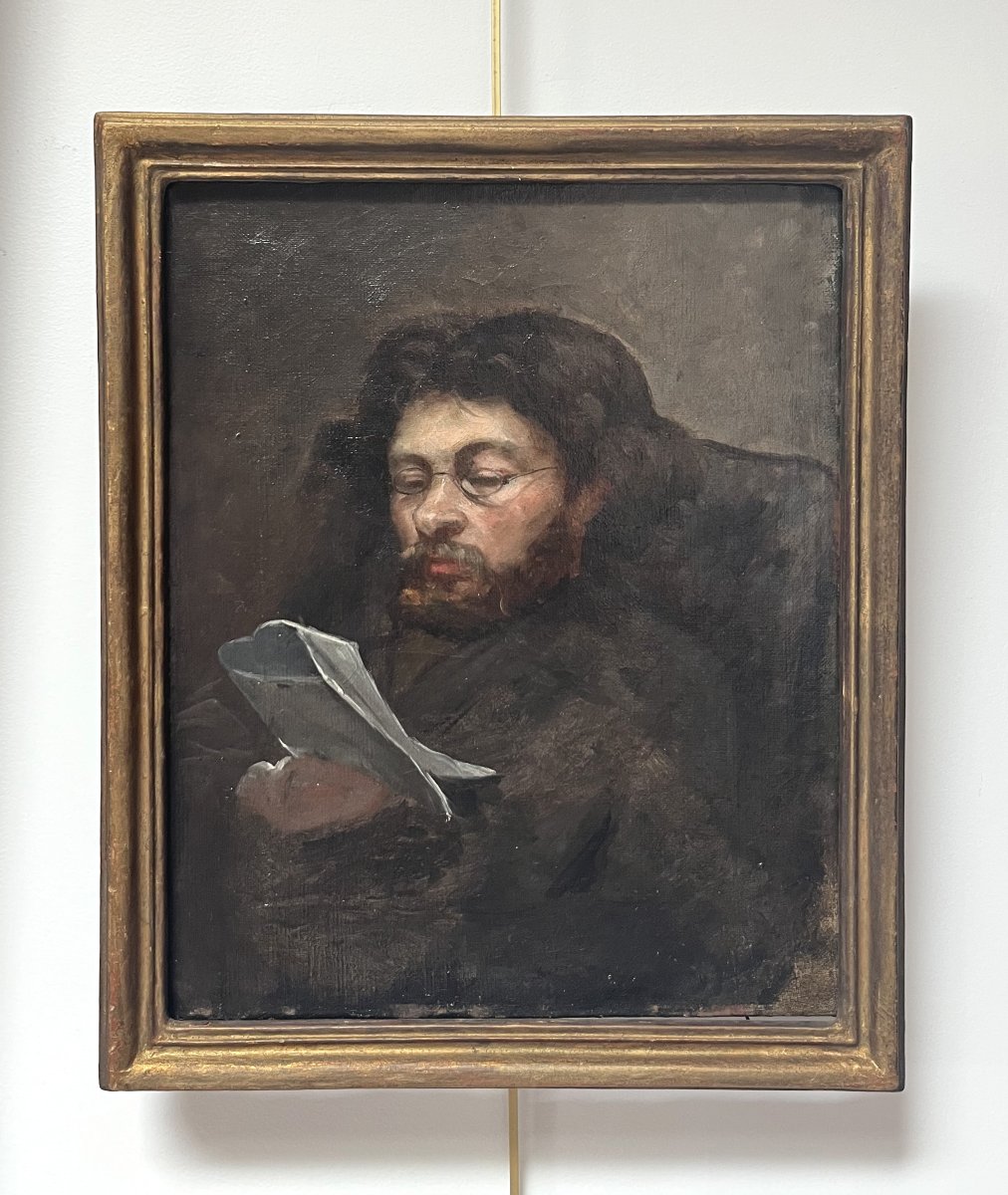 19th-century French School, Portrait Of A Man Reading, Oil On Canvas-photo-3