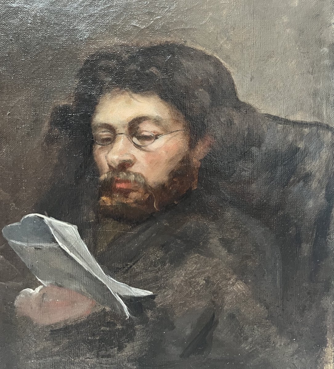 19th-century French School, Portrait Of A Man Reading, Oil On Canvas-photo-1