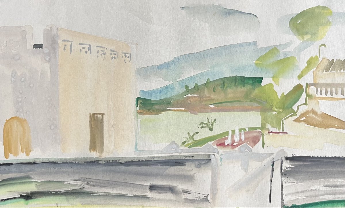 Jean Launois (1898–1942) North African Landscape, Signed Watercolor-photo-1