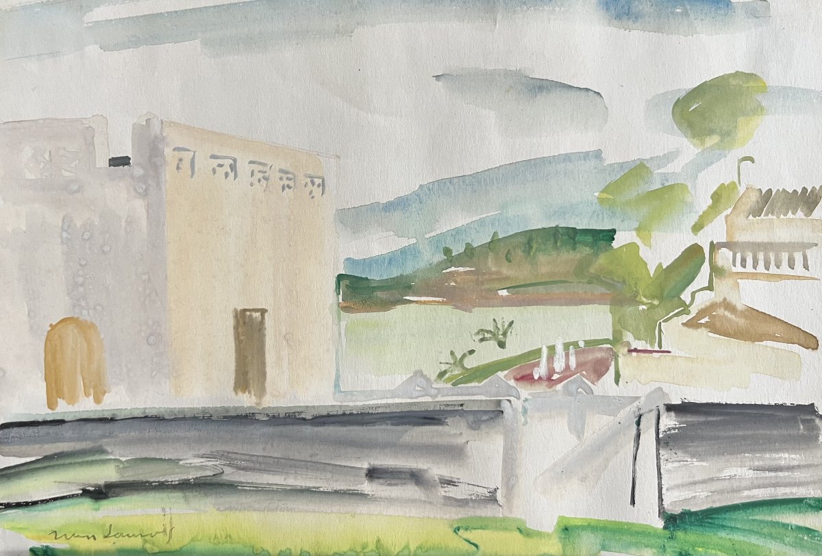Jean Launois (1898–1942) North African Landscape, Signed Watercolor