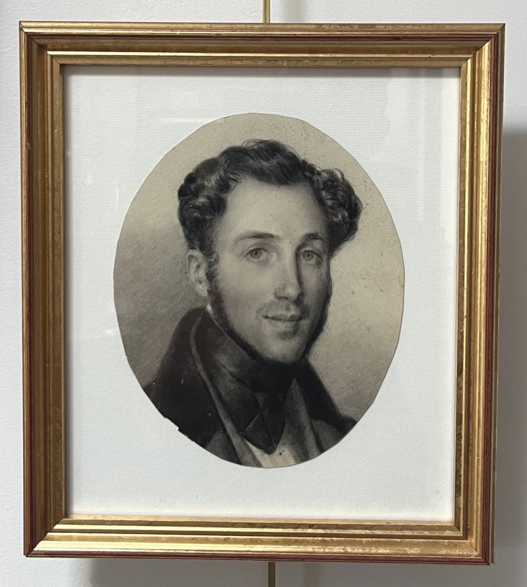 École romantique française, Portrait d'un jeune homme, fusain sur papier-photo-2