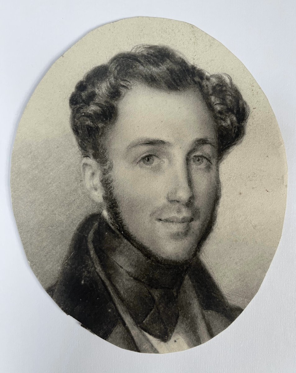 École romantique française, Portrait d'un jeune homme, fusain sur papier-photo-3