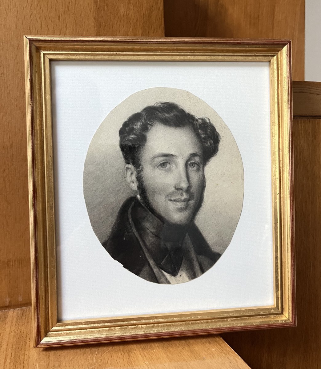 École romantique française, Portrait d'un jeune homme, fusain sur papier-photo-4