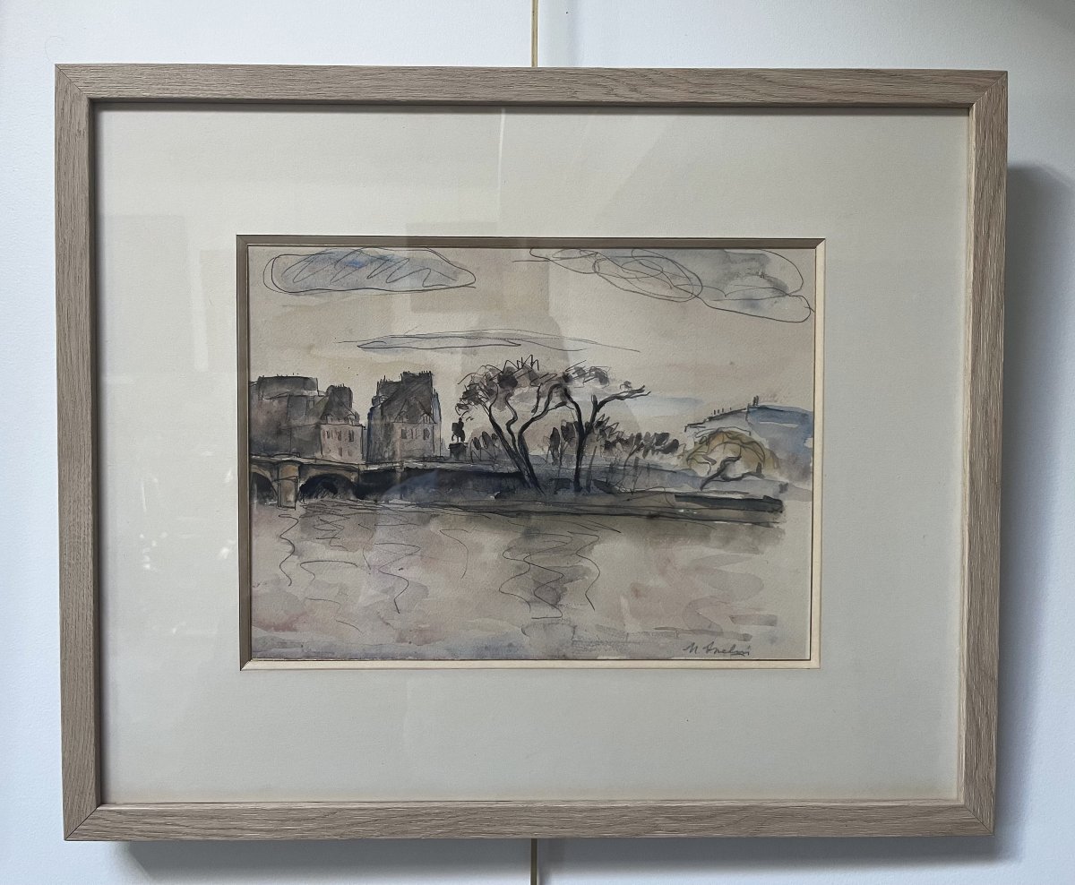Maurice Asselin (1882–1947) View Of The Pont-neuf From The Quays, Paris, Signed Watercolor-photo-2